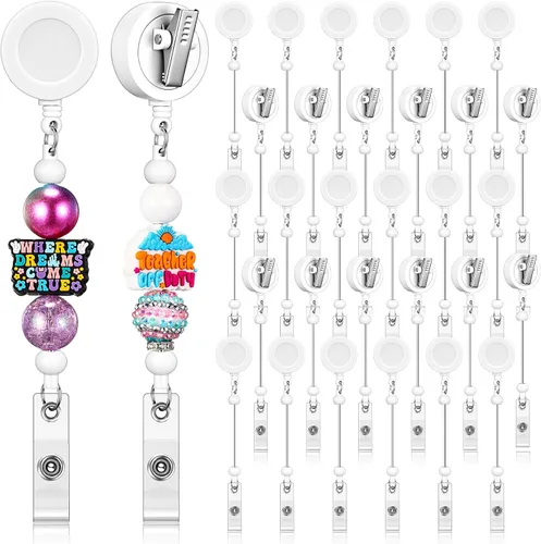 Vista 10 de Sayglossy 15 carretes retráctiles para tarjetas de identificación con clip de cocodrilo, barras en blanco con cuentas en blanco, regalo