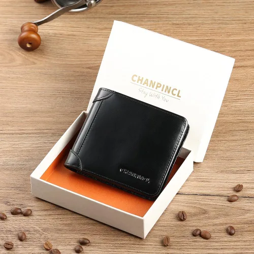 Vista 74 de Billetera de piel triple con bloqueo RFID para hombre con 2 ventanas de identificación, 2 compartimentos para efectivo, 6-8 ranuras para tarjetas