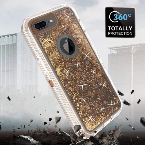 Vista 4 de Funda de teléfono para iPhone 6plus 6splus 7plus 8plus i 6/6s/7/8 Plus con protector de pantalla Bling Liquid Glitter Clear Hybrid Protective Cover