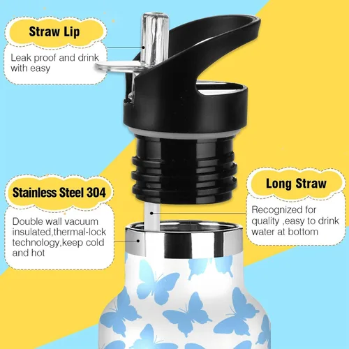 Vista 3 de BPA-Free Leak Proof Sports Water Bottle with Straw Lid Fashion Blue Butterfly White Vacuum Insulated for Travel and Sports botellas de acero