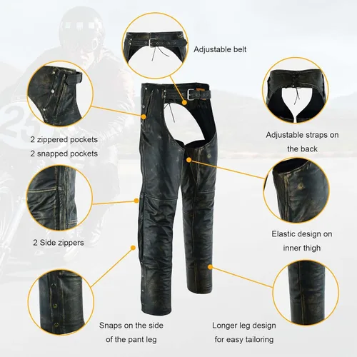 Vista 5 de GARGOYLE BELLS Chaparreras de cuero para motocicleta premium para hombres y mujeres, chaparreras de cuero de vaquero con cremallera auténtica