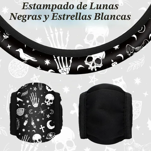 Vista 3 de Juego de 4 piezas de accesorios para auto con estampado de lunas negras y estrellas blancas, funda para volante con estampado de lunas negras