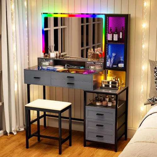 Vista 12 de Lvifur Tocador de Estilo Granja con Espejo Deslizante y Luces, Mesa de Tocador con Superficie de Cristal y Almacenamiento de Joyas, Juego de Tocador