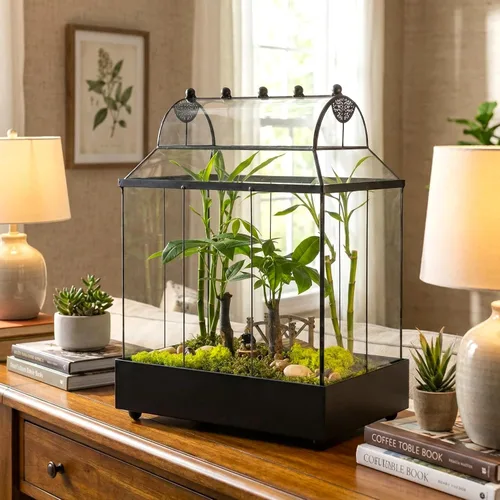 Vista 2 de H Potter Estuche grande de terrario Wardian de vidrio con vidrio curvo, maceta de mesa para interior con base de metal, exhibición decorativa