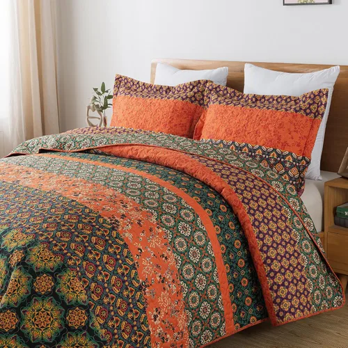Vista 64 de Juego de cama de dos piezas, tamaño individual, de microfibra, reversible, de retazos, estilo floral, todas las estaciones, patrón de porcelana azul