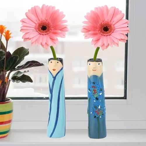 Vista 3 de TITA-DONG Floreros familiares de primavera de 8 piezas, jarrón bohemio familiar de resina, lindo jarrón pintado a mano para niñas, juego