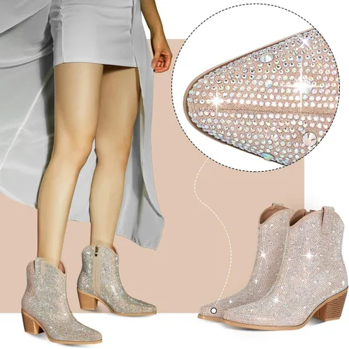 Vista 3 de FIFSY Botas vaqueras con diamantes de imitación para mujer, tacón grueso con purpurina