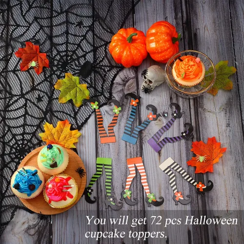 Vista 3 de 48 piezas de decoración de cupcakes de Halloween, patas de bruja, adornos para cupcakes, botas de bruja, palillos para tartas, accesorios