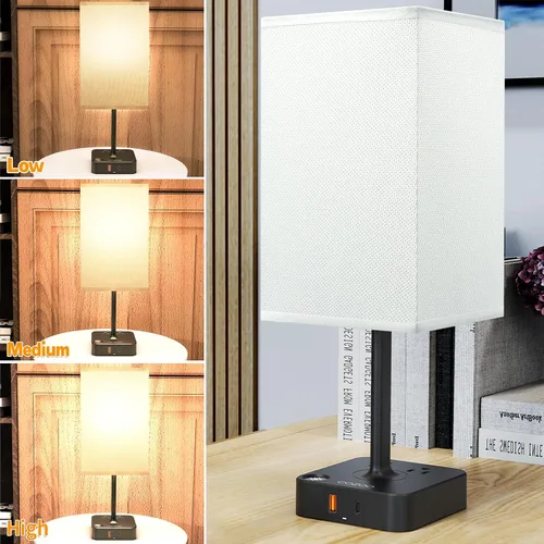 Vista 3 de cozoo Lámpara de mesa de noche con 3 niveles de brillo, lámpara de mesa regulable con puertos de carga USB C+A, 2 salidas de CA, lámpara de mesita
