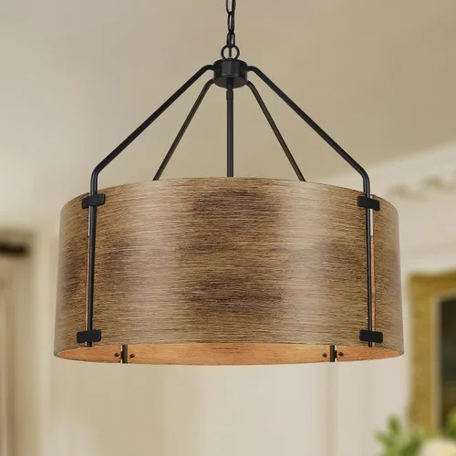 Vista 8 de CNRATYE Candelabro de tambor de granja de 4 luces, lámpara colgante redonda de metal industrial rústico para comedor, vestíbulo, entrada, cocina