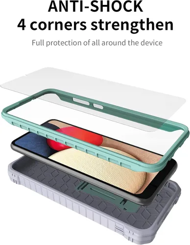 Vista 2 de Funda para Samsung Galaxy A02S, protección de grado militar, doble capa, a prueba de golpes, con protector de pantalla HD de vidrio templado y Verde