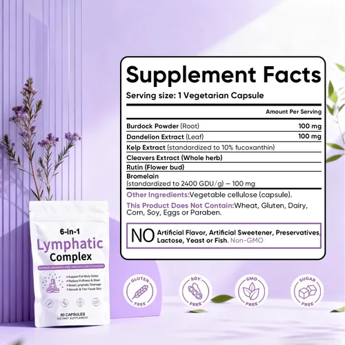Vista 8 de TAWODIUM Cápsulas de Complejo Linfático 6-en-1, Suplementos para Drenaje Linfático, con Bardana, Diente de León, Alga Kelp, Reduce Hinchazón