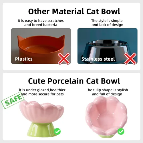 Vista 6 de DIF DECO - Cuenco elevado de cerámica para gatos, cuencos elevados de comida rosa para alimentos y agua, protege la columna vertebral y los bigotes