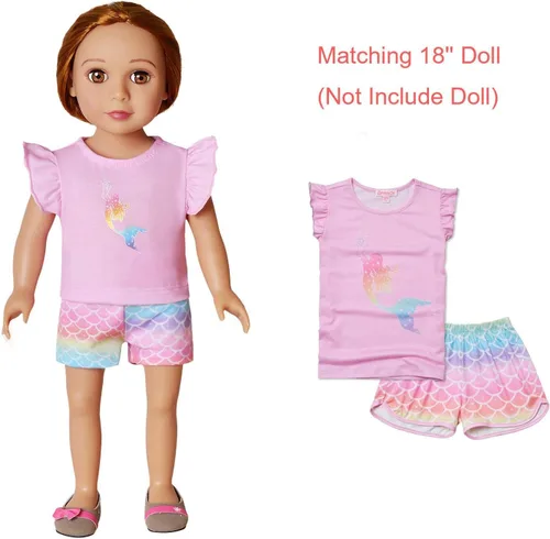 Vista 7 de QPANCY Pijamas a juego para niñas y muñecas, conjuntos de pijama de unicornio para verano, ropa de dormir de algodón