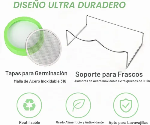 Vista 4 de Kit de tarro de germinación de semillas con tarros Mason de boca ancha, tapas de brotes de pantalla de acero inoxidable de alta calidad, mangas