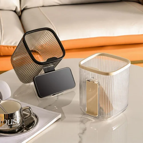 Vista 3 de VALINK Basurero transparente, papelera de acrílico transparente con soporte, estuche de almacenamiento multiusos para dormitorio, hogar, oficina
