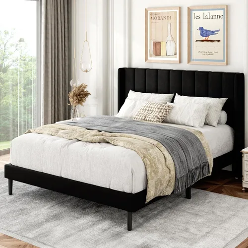 Vista 6 de Gruwans Base de cama de tamaño matrimonial con cabecera tapizada con respaldo de ala, plataforma de fácil montaje, soporte de listones de madera,