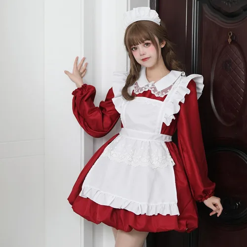 Vista 7 de QIGUANDZ Delantal de sirvienta francesa de anime para mujer, vestido de Lolita, vestido de cosplay de manga larga con volantes