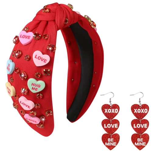 Vista 23 de Diademas de corazón de caramelo para el día de San Valentín para mujer, diadema de corazón de conversación de amor con diamantes de imitación