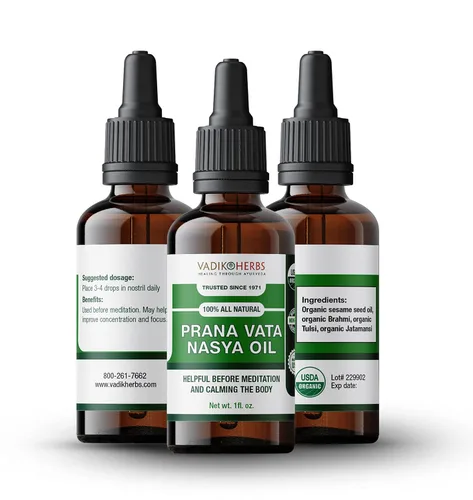 Vista 2 de Prana Vata Nasya Oil Organic – Gotas nasales de hierbas para claridad mental, mejora la concentración, alivia los dolores de cabeza, (1 unidad)