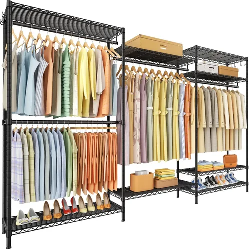 Vista 16 de Ulif E13 Perchero de Ropa de Servicio Pesado (Con 4 Barras Colgadoras y 8 Estantes) Percheros Independientes para Colgar Ropa, Organizador de Closet