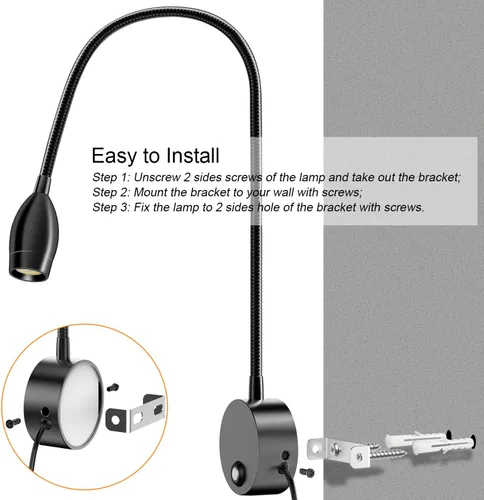 Vista 7 de ERAY 1 paquete de 1 luz LED de lectura para cama montada en la pared Touch Control, 3 Dimmable, 360°Flexible Gooseneck Headboard Book Reading
