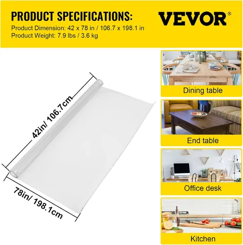 Vista 8 de VEVOR - Protector de escritorio transparente, 42 x 78 pulgadas, de 1.5 mm de grosor, rectangular, de plástico impermeable, antiarañazos y fácil