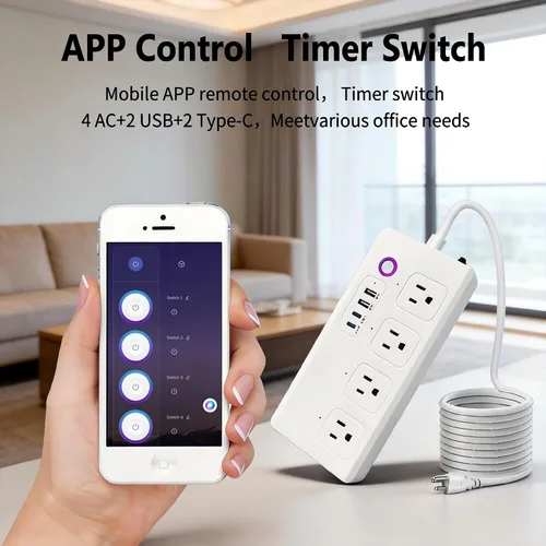 Vista 3 de Regleta de alimentación WiFi inteligente, cable de extensión con 4 salidas de CA controladas individualmente y 4 puertos USB (3USB A+1USB C)