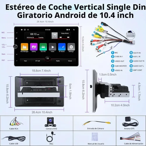 Vista 7 de [2G+64G] Android 13 giratorio único DIN vertical coche estéreo 10.4 pulgadas pantalla táctil Radio unidad con Carplay inalámbrico y Android Auto/EQ