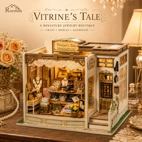 Vista 8 de Roroom Kit de casa en miniatura para bricolaje, kit de rincón de libro de cuento de Vitrine con luz LED, rompecabezas de madera 3D, kit de casa