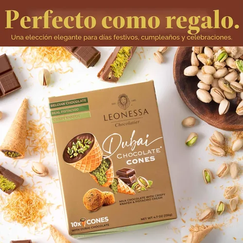 Vista 3 de Leonessa Conos de Chocolate Dubai con Pistacho Kunafa Hechos con Chocolates Belgas Premium Chocolate Kunafa Chocolates de Dubai - 4,7 oz