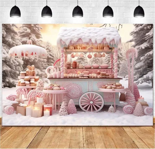 Vista 2 de Fondo fotográfico de Navidad rosa de 7 x 5 pies, tienda de golosinas de nieve de invierno, árbol de pino, niña, fiesta familiar, decoración