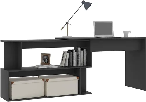 Vista 4 de Escritorio giratorio de madera aglomerada con compartimentos abiertos, mesa de trabajo, mesa de lectura, escritorio de oficina, mesa auxiliar