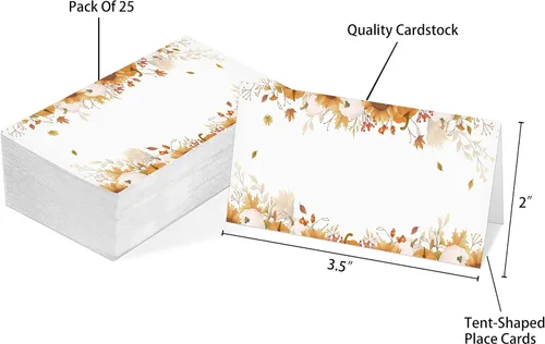 Vista 2 de Paquete de 25 tarjetas de mesa con temática de Acción de Gracias, con temática de cosecha de otoño, paquete de 25 tarjetas de media pliegue