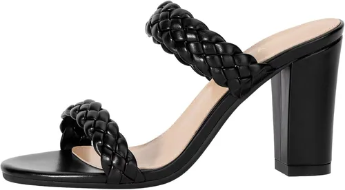 Vista 2 de ZriEy Tacones gruesos de bloque para mujer, sandalias de tacón trenzado de 3.35 pulgadas, puntera abierta, dos correas de tacón deslizante