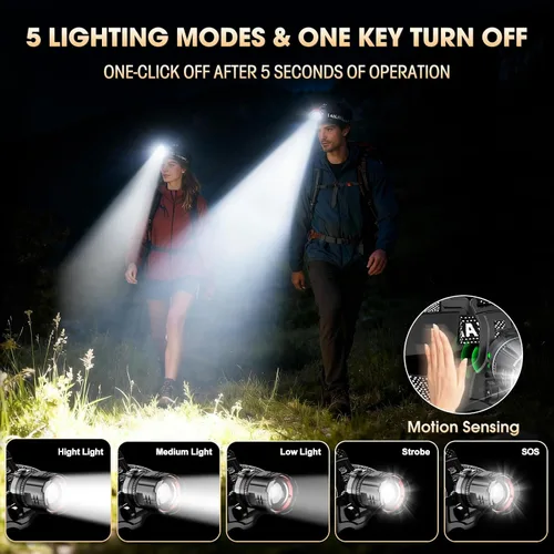 Vista 3 de ATDOALL Linterna frontal LED superbrillante, lámpara de cabeza recargable de alto lúmenes con sensor de movimiento, 5 modos, IPX5 impermeable, 90°