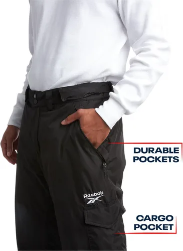 Vista 4 de Reebok Pantalones de nieve para hombre, pesados e impermeables, con bolsillos tipo cargo, polainas de nieve, pantalones de esquí para hombre