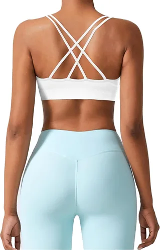 Vista 3 de Brasier deportivo para mujer, con cuello en V, tirantes cruzados, brasier de yoga acolchado, soporte medio, entrenamiento, gimnasio, atlético