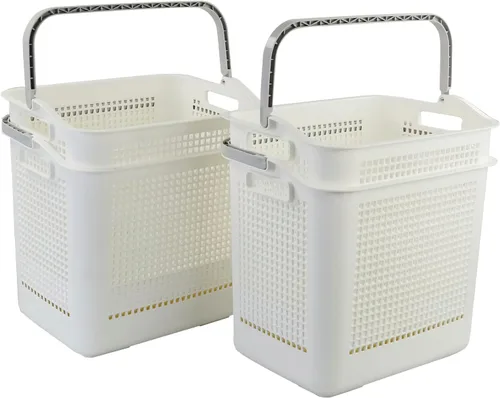 Vista 8 de Cesta de almacenamiento de ropa de plástico de 35 L, cesta de lavandería blanca con asa, paquete de 4 Dual side handles, easy to carry