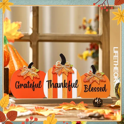 Vista 5 de Letrero de madera de calabaza de Acción de Gracias de otoño, decoración