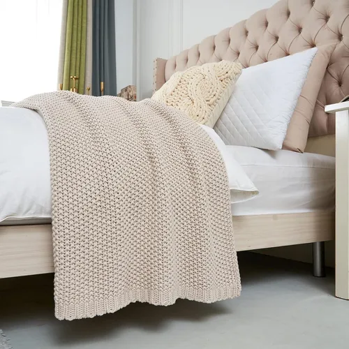 Vista 8 de Manta de punto gruesa de cable beige ligera 100% algodón orgánico para sofá, sofá cama, bebé, guardería, rústico, shabby chic, moderno, granja, 51