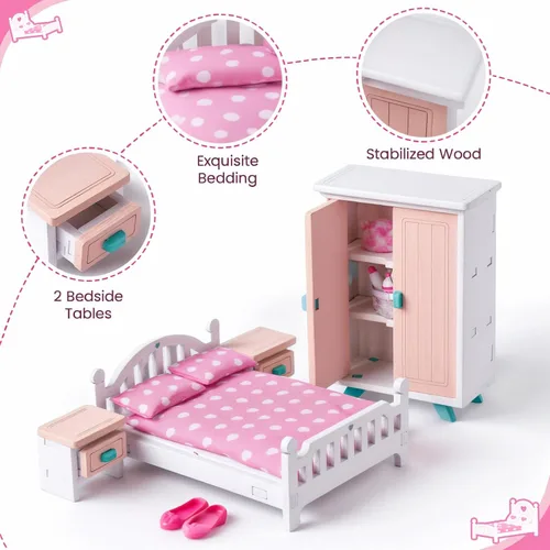 Vista 4 de BABESIDE Juego de muebles de dormitorio de casa de muñecas, 7 piezas de accesorios de casa de muñecas de madera rosa para muñecas de 3 pulgadas