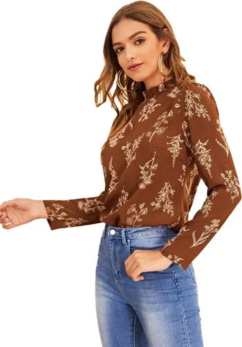 Vista 3 de Floerns - Blusa de chifón georgette de manga larga con estampado floral y cuello alto