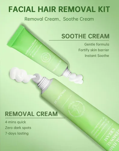 Vista 5 de Crema de depilación facial sin dolor para mujeres - Kit 2 en 1 con crema calmante para piel sensible Removedor de vello de labio superior