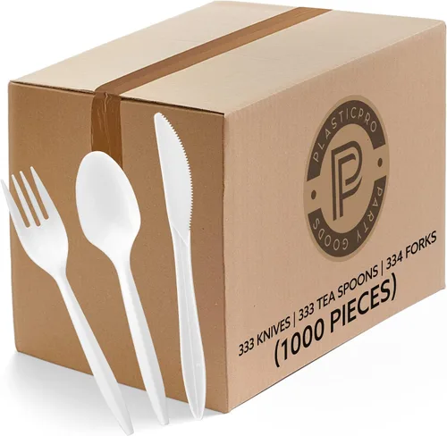 Vista 10 de Plasticpro Cubiertos Tenedores de plástico cubiertos desechables de peso medio (blanco, 1000 tenedores)