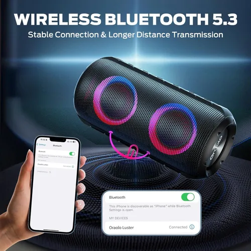 Vista 7 de BUGANI Altavoces Bluetooth Luster, altavoz estéreo inalámbrico portátil con luces coloridas, sonido fuerte, Bluetooth 5.3, tiempo de reproducción