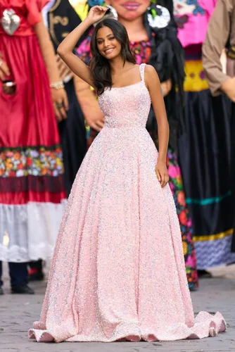 Vista 8 de Raseal Una línea de cuello cuadrado lentejuelas vestido de fiesta brillante correas espagueti vestidos largos con bolsillos RS025