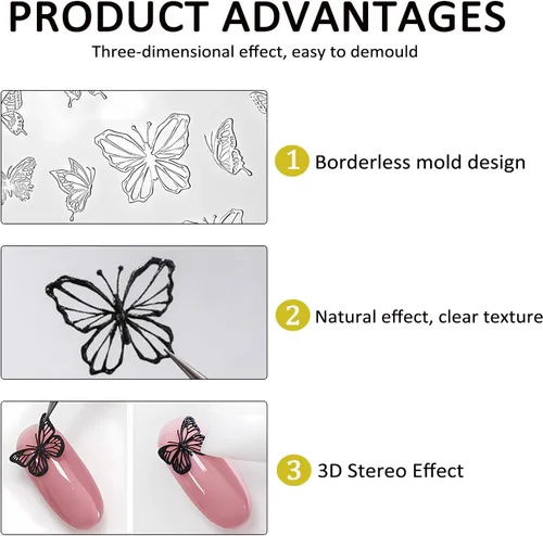 Vista 3 de Moldes de silicona para arte de uñas, moldes de silicona en relieve de mariposa multiforma, adecuados para decoración de uñas DIY