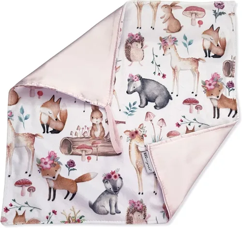 Vista 4 de MEG ORIGINAL Manta de seguridad para bebé, satén y animales del bosque minky con lazo para niños y niñas (amigos del bosque/óxido)