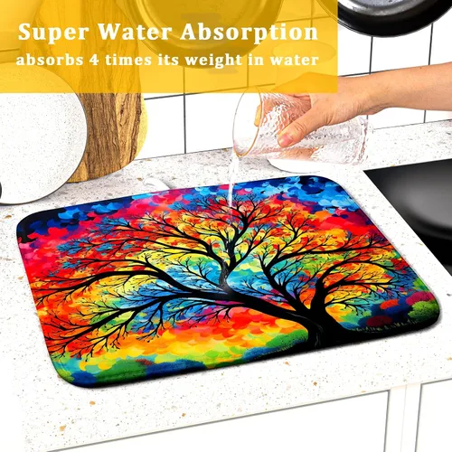 Vista 7 de Tapete de secado de microfibra para encimera de cocina, almohadilla de secado de platos de árbol de acuarela, 16 x 18 pulgadas